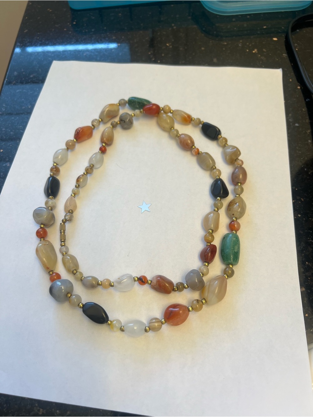 Vintage natural stone Beaded Necklace with brass hardware
